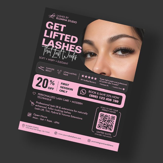 Wimpern-Tech-Lift-Extensions Ästhetik Pink Schwarz Flyer (Lash Tech Lift Extensions Aesthetic Pink Black Flyer
)