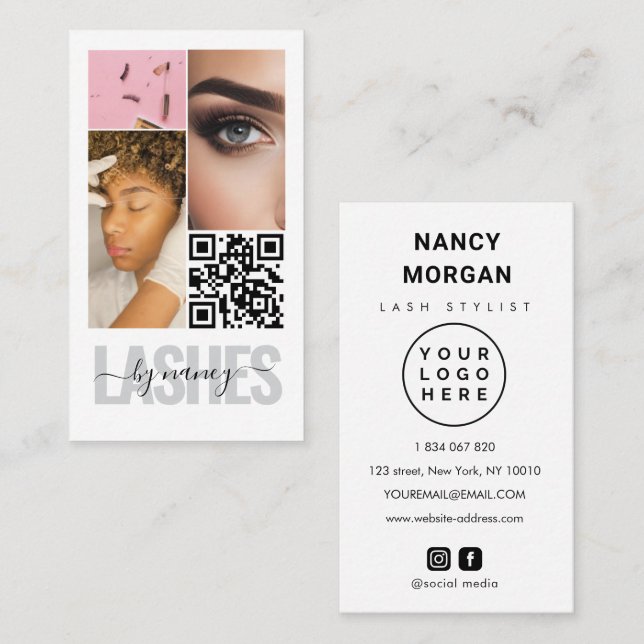  Wimpern Typografie 3 Foto Collage Qr Code Logo  Visitenkarte (Vorne/Hinten)