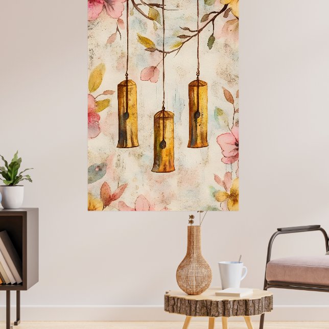 Wind chimes suspended from a flowering branch.  poster (Wohnzimmer 3)