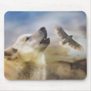 "Wind Talker" Wolf und Redtail Hawk Mousepad