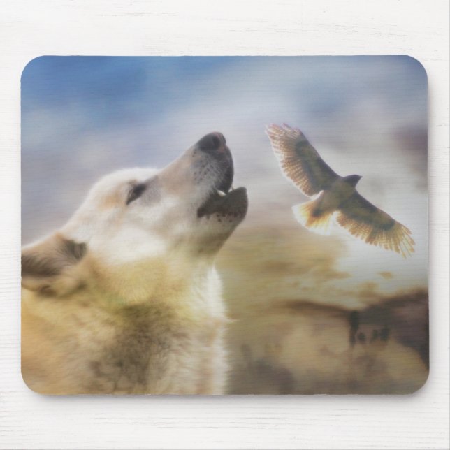 "Wind Talker" Wolf und Redtail Hawk Mousepad (Vorne)