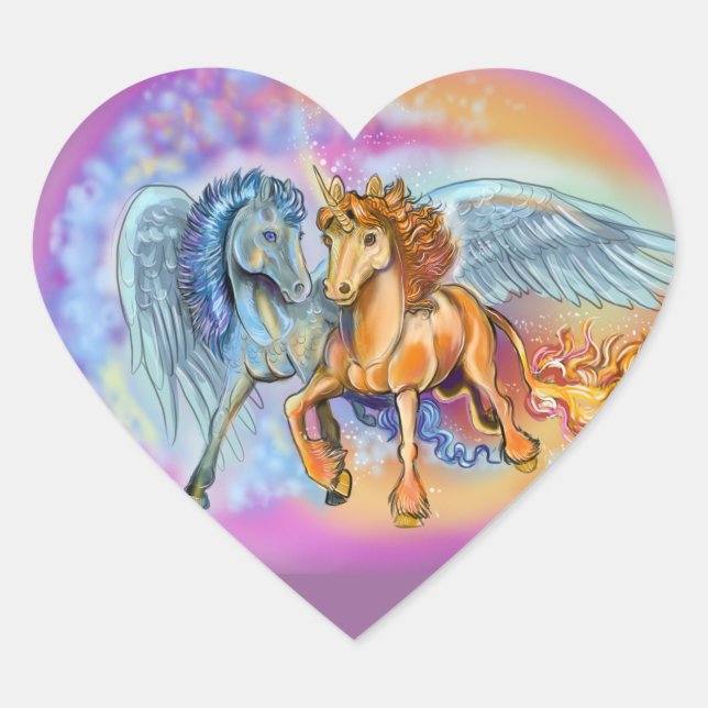 Wind und Flamme Einhorn Pegasus~stickers Herz-Aufkleber (Vorderseite)