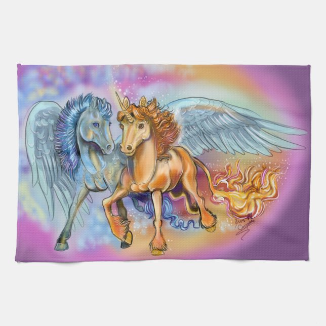 Wind und Flamme, Pegasus und Einhorn Geschirrtuch (Horizontal)