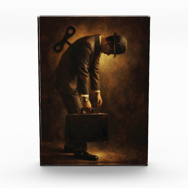 Wind-Up Office Man Surreal Routine Grind Oil Paint Fotoblock (Vorderseite)