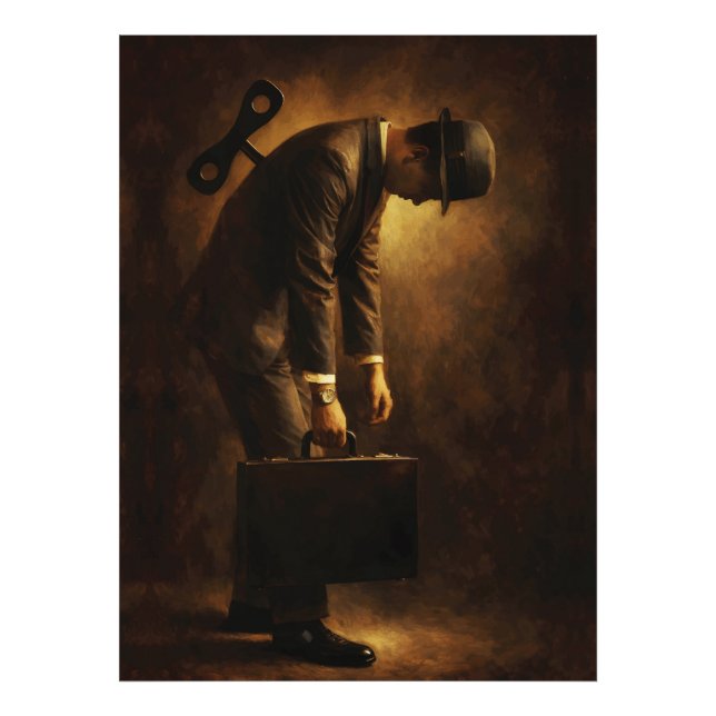 Wind-Up Office Man Surreal Routine Grind Oil Paint Fotodruck (Vorne)
