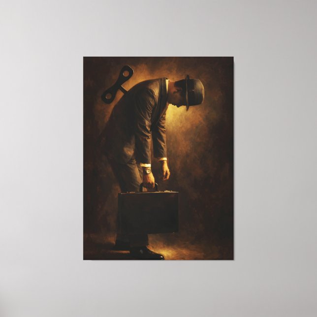 Wind-Up Office Man Surreal Routine Grind Oil Paint Leinwanddruck (Vorderseite)