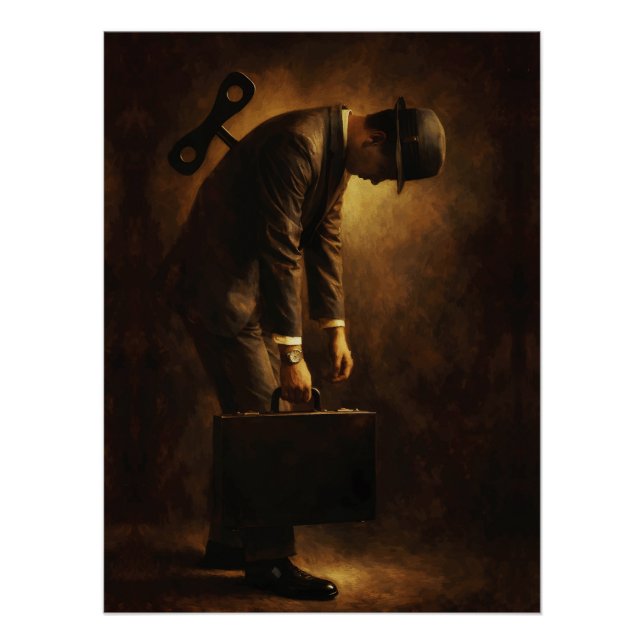 Wind-Up Office Man Surreal Routine Grind Oil Paint Poster (Vorderseite)