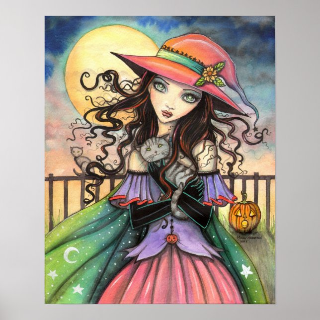 Wind von Halloween Fantasy Art Hexe und Tabby Cat Poster (Vorne)