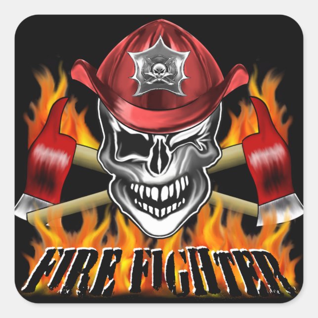 Winde Feuerwehrschädel und Flammenäxe Quadratischer Aufkleber (Vorderseite)