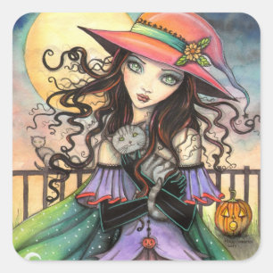 Winde von Halloween Hexenkatze Fantasy Art Quadratischer Aufkleber