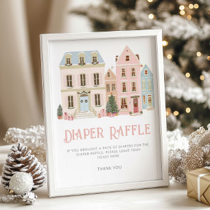Windel-Raffle Weihnachtsdorf Rosa Babyparty Poster
