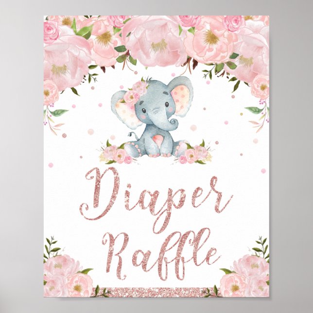 Windeln Raffle Schild Floral Elephant Babydusche (Vorne)