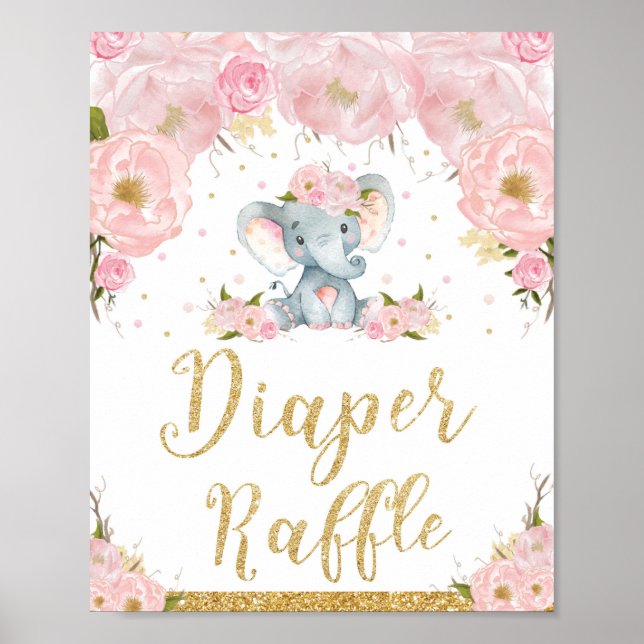 Windeln Raffle Schild Floral Elephant Babydusche (Vorne)
