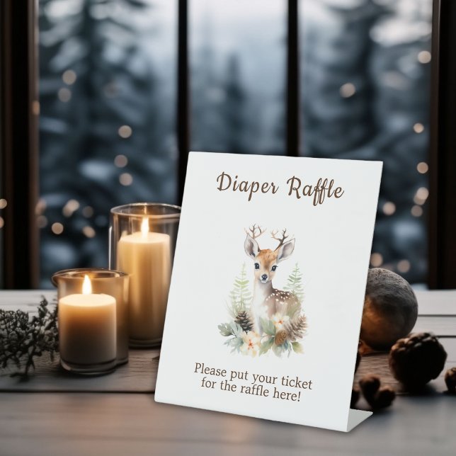 Windelwanne für Hirschtiere Sockelschild (Winter Deer Neutral Baby Shower Diaper Raffle Pedestal Sign)