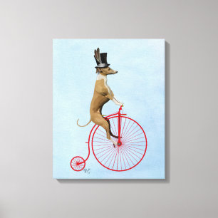 Windhund auf rotem Penny-Farthing-Fahrrad Leinwanddruck