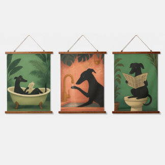 Windhund-Badezimmer-Kunst – Lustiges Hundewanddeko Wandteppich Mit Holzrahmen