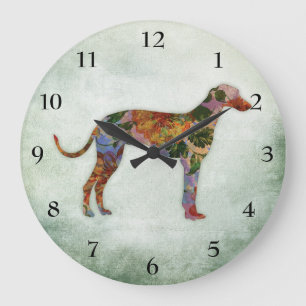 Windhund-Hund mit Blumen auf Grün Große Wanduhr