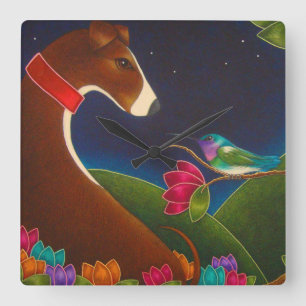 WINDHUND-HUND MIT KOLIBRI-WANDUHR QUADRATISCHE WANDUHR