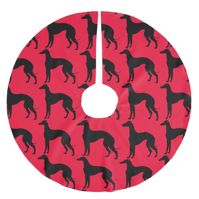 Windhund-Hundemuster-Schwarz-Silhouette Polyester Weihnachtsbaumdecke (Vorderseite)