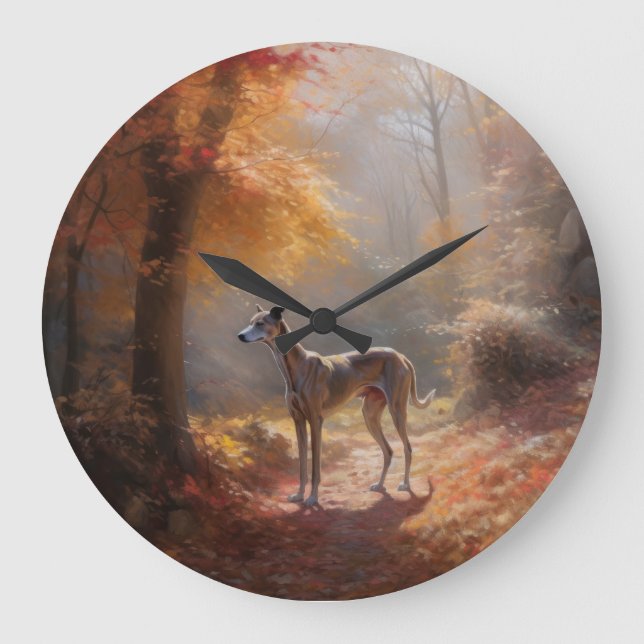 Windhund im Herbst Leaves Fall Inspiriert Große Wanduhr (Vorderseite)