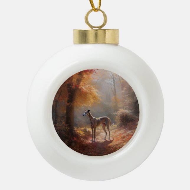 Windhund im Herbst Leaves Fall Inspiriert Keramik Kugel-Ornament (Vorderseite)