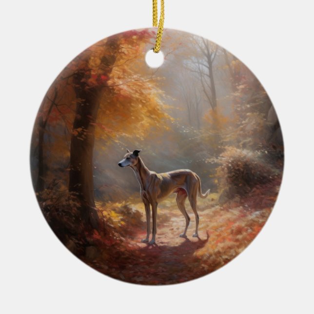 Windhund im Herbst Leaves Fall Inspiriert Keramik Ornament (Vorne)