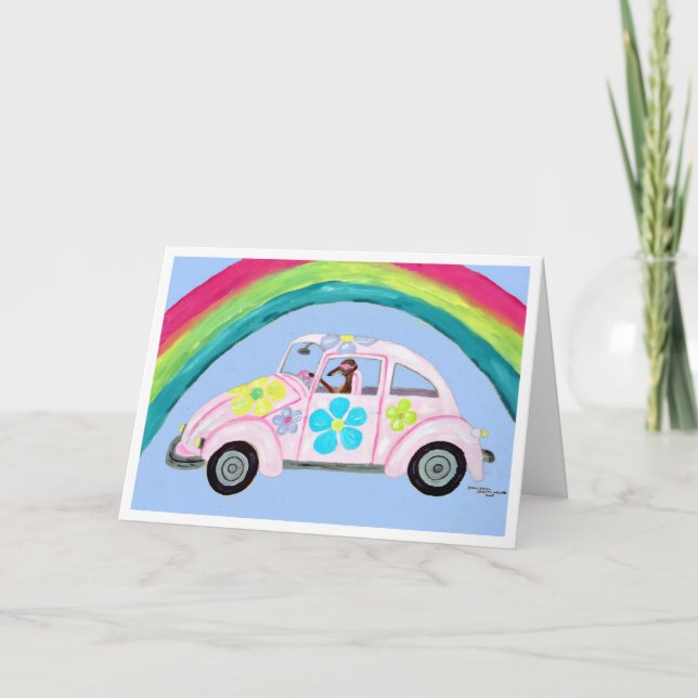 Windhund in Hippie-Auto mit Regenbogen Karte (Vorderseite)