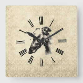 Windhund-Porträt auf elegantem Elfenbein-Damast Quadratische Wanduhr