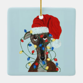 Windhund Santa in Weihnachtslichter verheddert Keramikornament