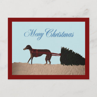 Windhund zieht einen Weihnachtsbaum durch den Schn Postkarte