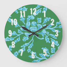 Winding Peony Woodcut in Green and Aqua Große Wanduhr