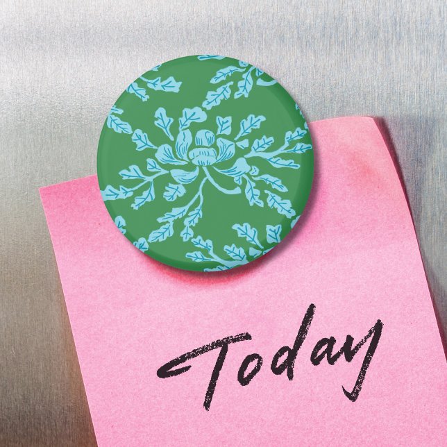 Winding Peony Woodcut in Green and Aqua Magnet (Créateur téléchargé)