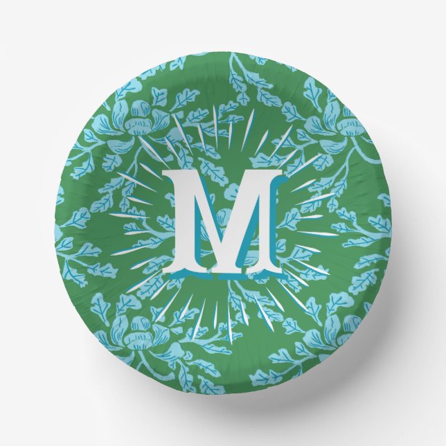 Winding Peony Woodcut in Green + Aqua Personalized Pappteller (Vorderseite)