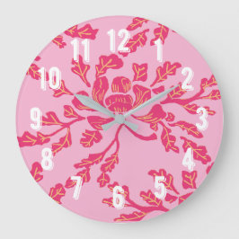 Winding Peony Woodcut in Pink and Orange Große Wanduhr