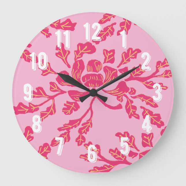 Winding Peony Woodcut in Pink and Orange Große Wanduhr (Vorderseite)