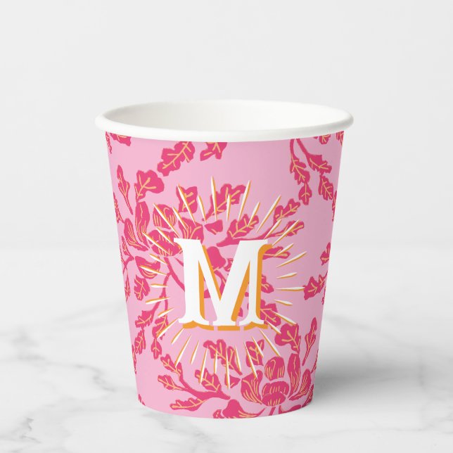 Winding Peony Woodcut Pink + Orange Personalized Pappbecher (Vorderseite)