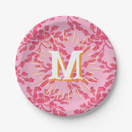Winding Peony Woodcut Pink + Orange Personalized Pappteller