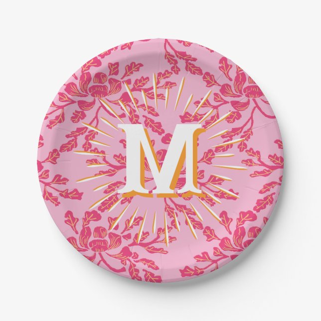Winding Peony Woodcut Pink + Orange Personalized Pappteller (Vorderseite)