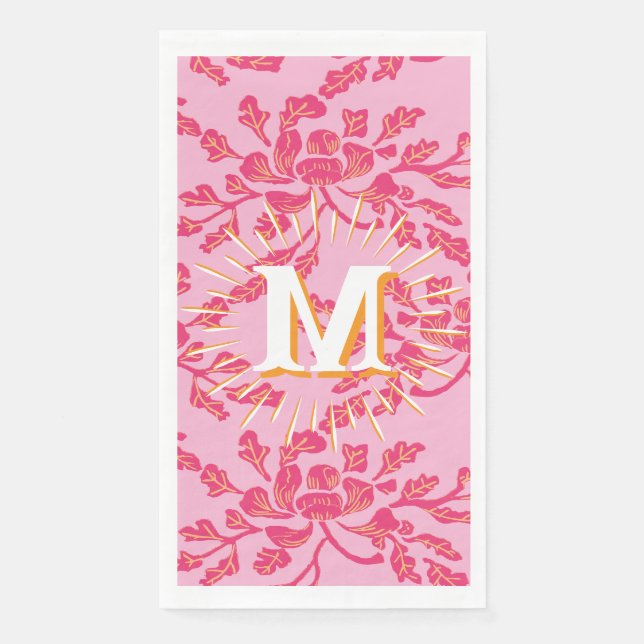 Winding Peony Woodcut Pink + Orange Personalized Serviette (Vorderseite)