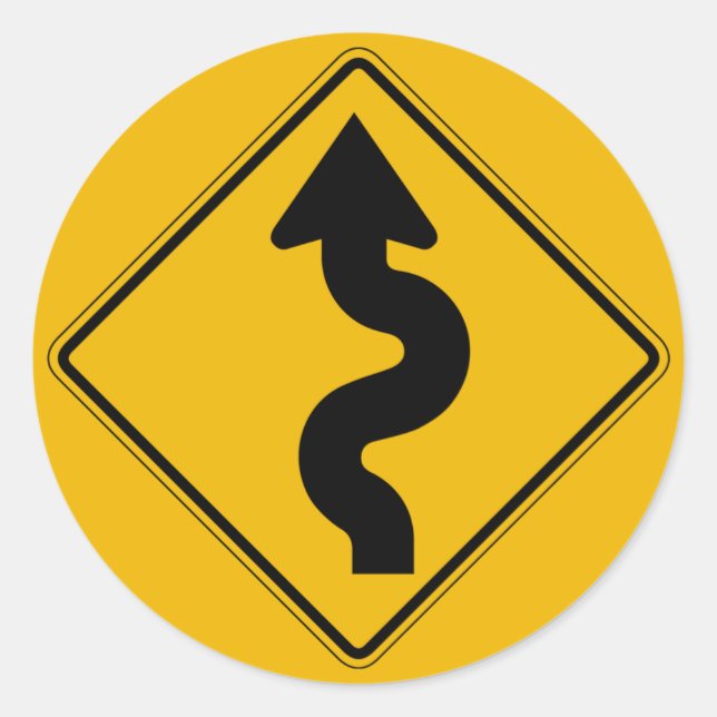 Winding Road, Traffic Warning Sign, USA Runder Aufkleber (Vorderseite)