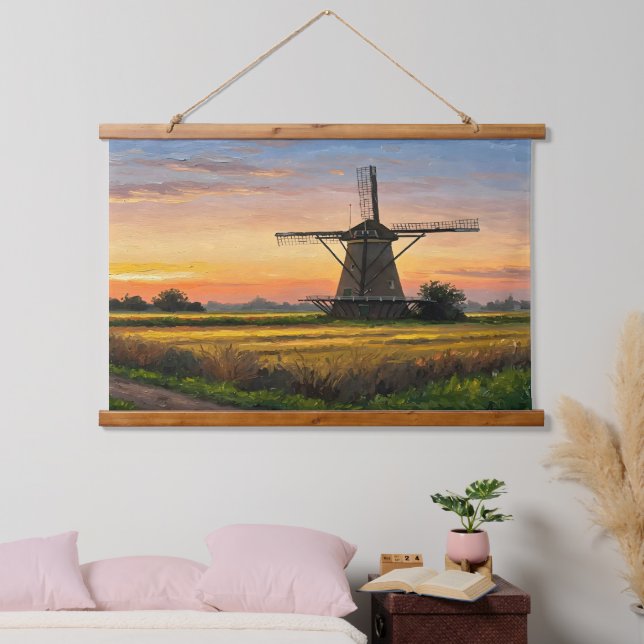 Windmill In The Countryside Wandteppich Mit Holzrahmen (Schlafzimmer)