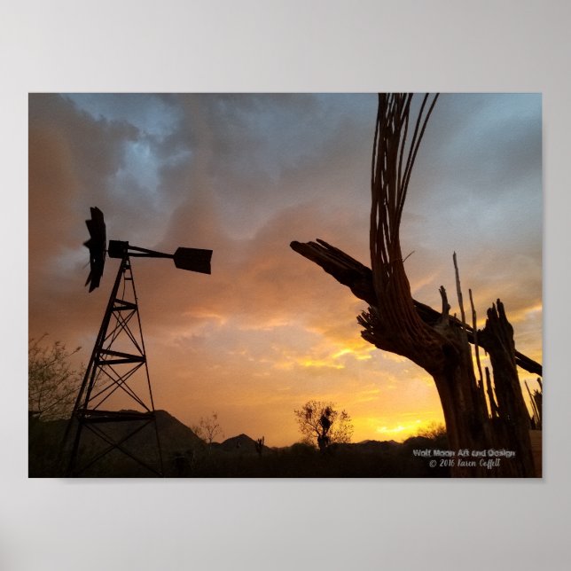Windmill Saguaro Cactus Skeleton Arizona Sunset Poster (Vorne)