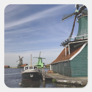 Windmill, Zaanse Schans, Holland, Niederlande Quadratischer Aufkleber