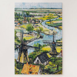 Windmills and Church by River Fantasy Painting