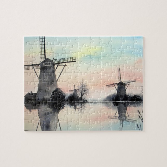 Windmills at Dawn Kinderdijk Holland Painting (Horizontal)