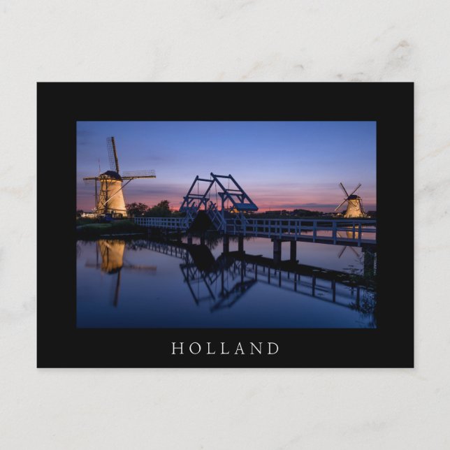 Windmills et pont-levis au coucher du soleil carte (Devant)