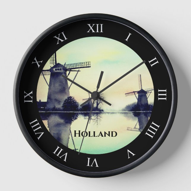 Windmills in Kinderdijk - Watercolor Painting Uhr (Vorderseite)