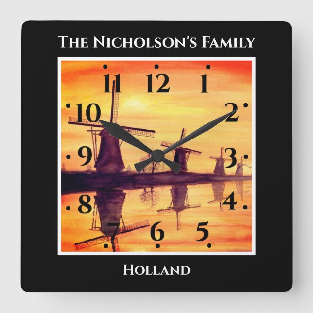 Windmills Sunset Kinderdijk - Aquarellmalerei Quadratische Wanduhr (Vorderseite)