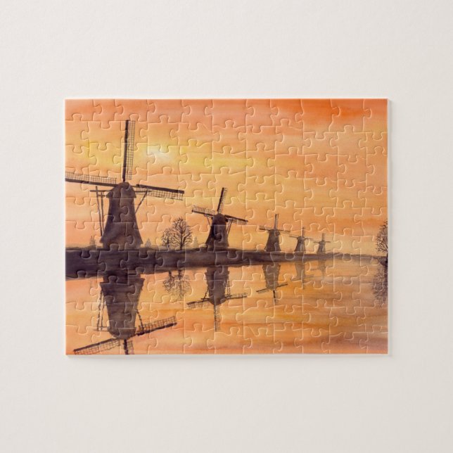 Windmills Sunset - Watercolor Painting (Horizontal)