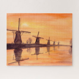 Windmills Sunset Watercolor Painting